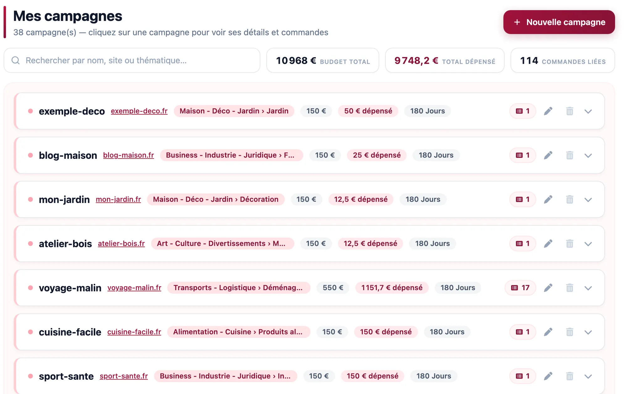 Suivi d'une campagne de netlinking dans LemmiLink : liens livrés, budget, statuts
