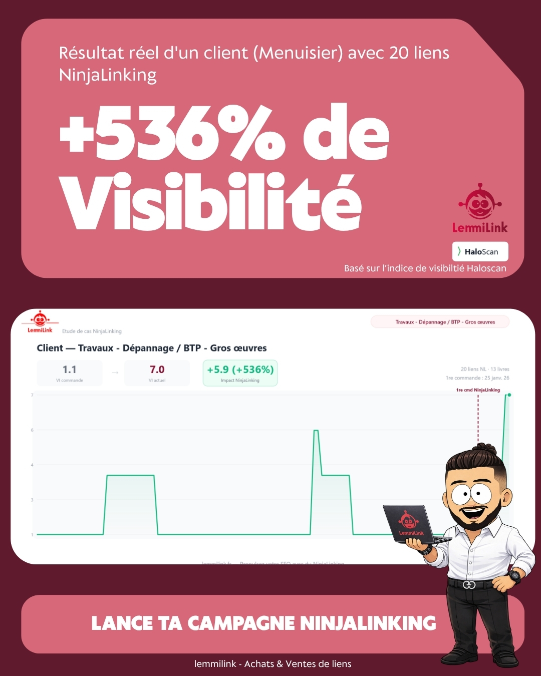Menuisier +536% visibilité - 20 liens NinjaLinking