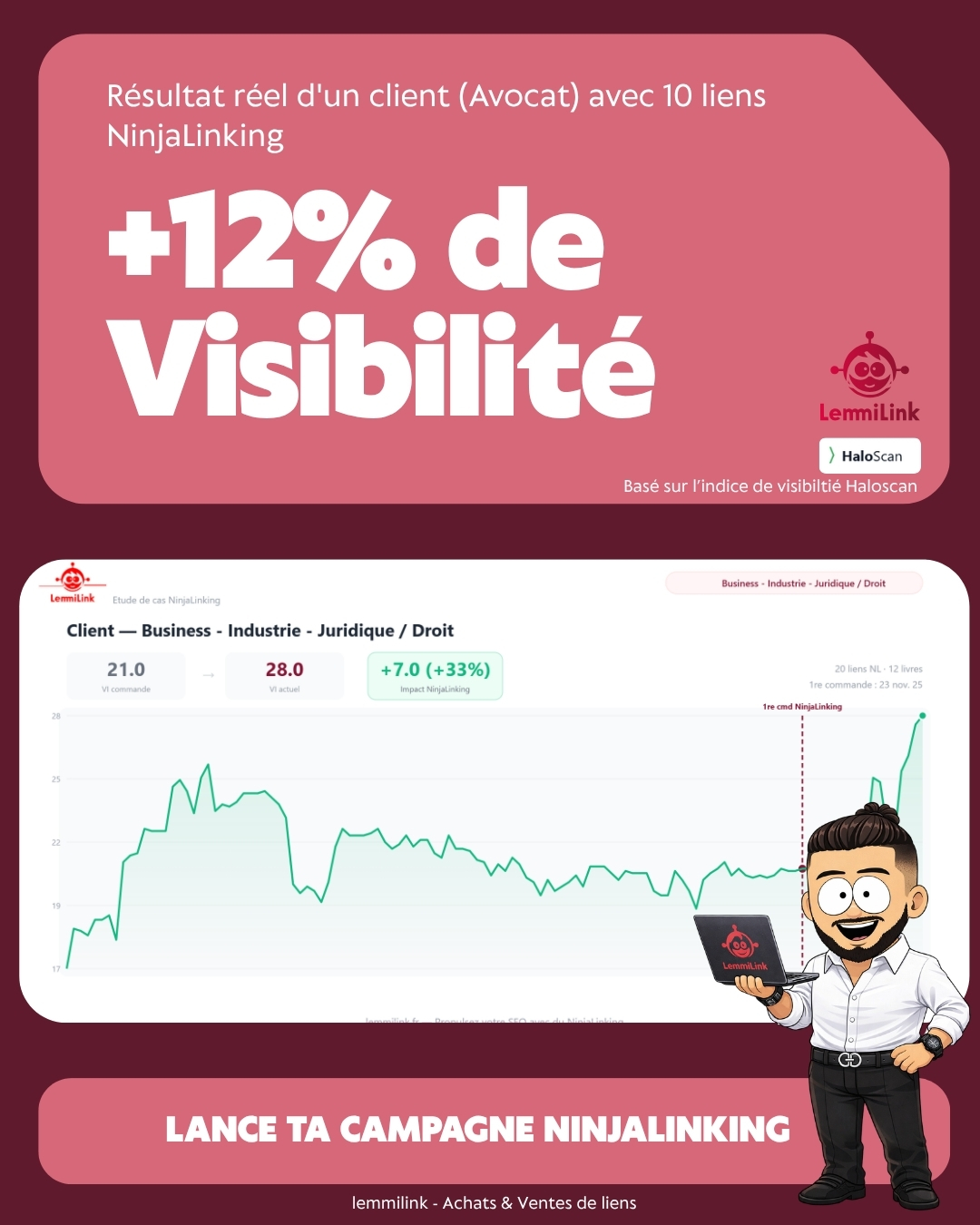 Avocat +33% visibilité - 10 liens NinjaLinking