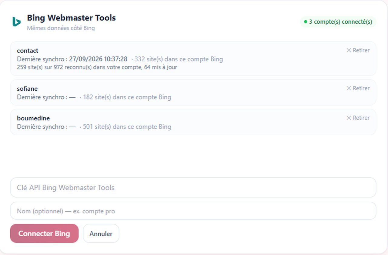 La carte Bing de l’onglet Search Console & Bing&nbsp;: trois clés connectées, le nombre de sites reconnus par clé, et le champ pour en ajouter une