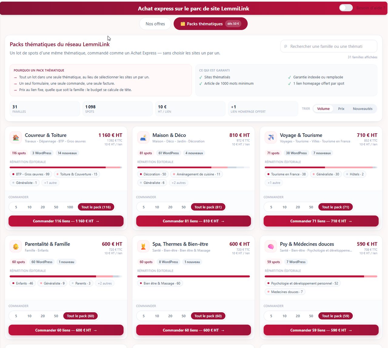 L&rsquo;onglet Packs thématiques de l&rsquo;Achat Express&nbsp;: 31 familles, 1&nbsp;098 sites, 10&nbsp;€ HT le lien, et le lien homepage offert sur chaque site